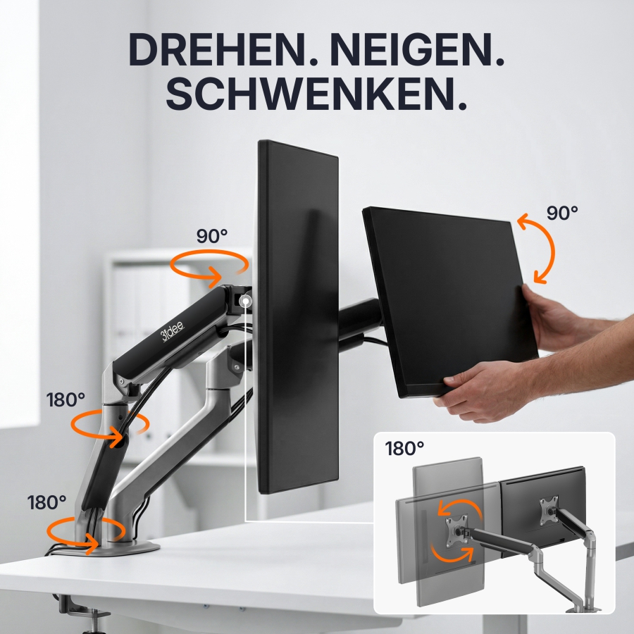 3IDEE Flexi-Lite Dual Monitor Arm - 2 Monitors - [17-32" / up to 9kg per arm] - Stepless Height Adjustment